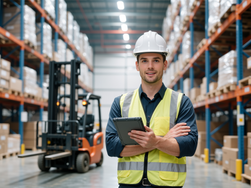 成功案例展示，现代化仓库内部，工作人员正在使用平板电脑查看库存数据，整洁有序的工作环境