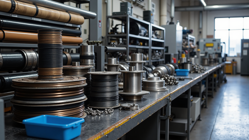 汽车零部件仓库，精密零件分类存放，技术人员使用专业设备进行质量检测