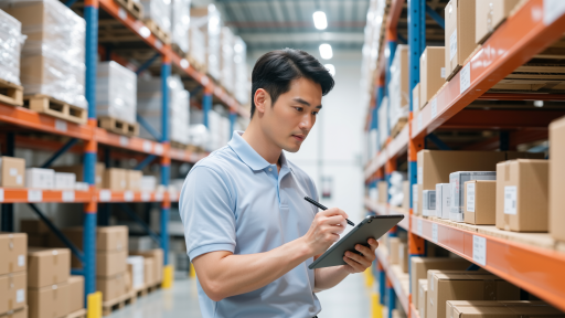 电商仓储场景，现代化仓库内部，货架整齐排列，工作人员操作平板电脑进行库存管理