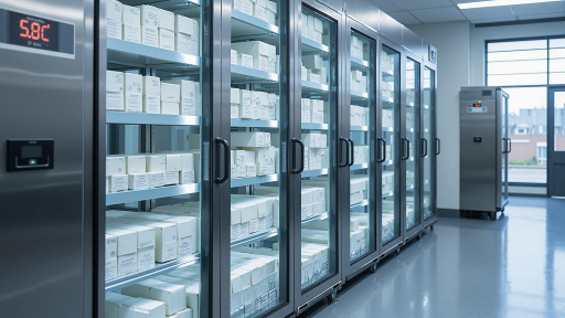 医疗用品仓库，专业存储设备，工作人员佩戴手套检查药品有效期，严格的温控环境