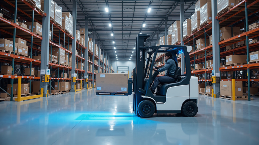 物流企业仓库，叉车正在搬运货物，工作人员使用RFID设备进行货物追踪