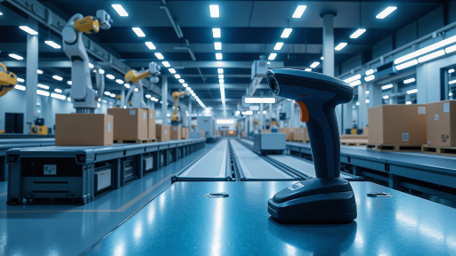 制造业工厂车间，工人正在使用手持设备扫描原材料，现代化生产线背景