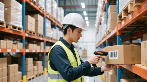 零售连锁店仓库，整齐的商品陈列架，员工正在使用扫码枪进行库存盘点